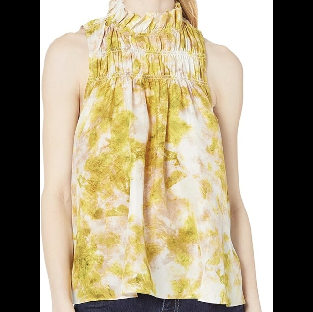 🛒 JOIE Smocked Ruffle FERN tank XS abstract watercolor top Sleeveless Blouse